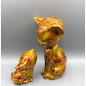 Vtg Ceramic Kitten Figurines Set Mama and Baby‎ Cat Statues 1950s MCM